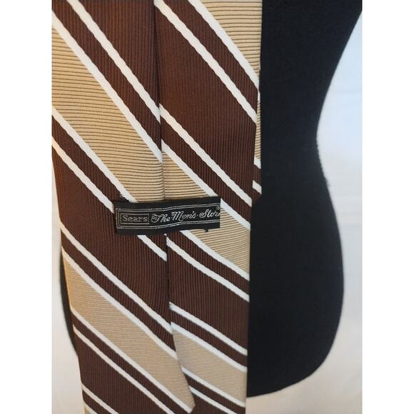 Vintage Sears The Men's Store Necktie Brown Tan Cream 56" Long Polyester - Picture 3 of 4